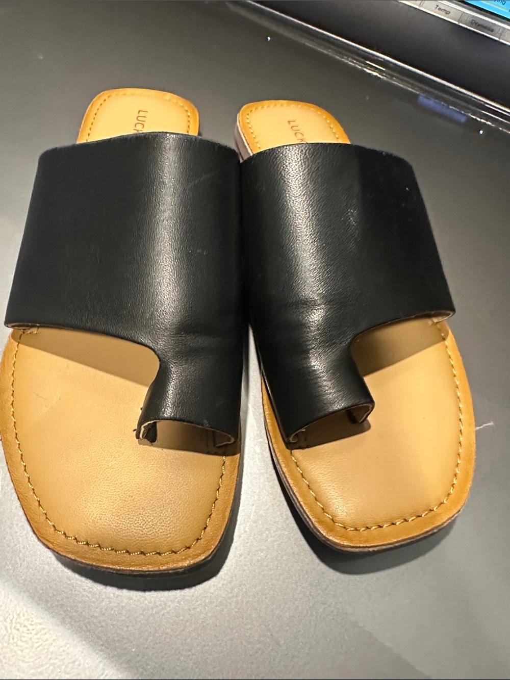 Lucky Brand Black Slide Sandals with Tan Footbed